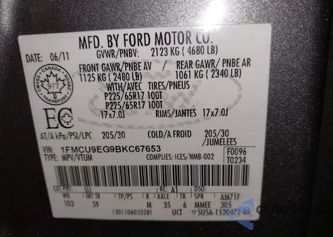 2011 Ford Escape Limited z USA, uszkodzony, nr VIN 1FMCU9EG9BKC67653